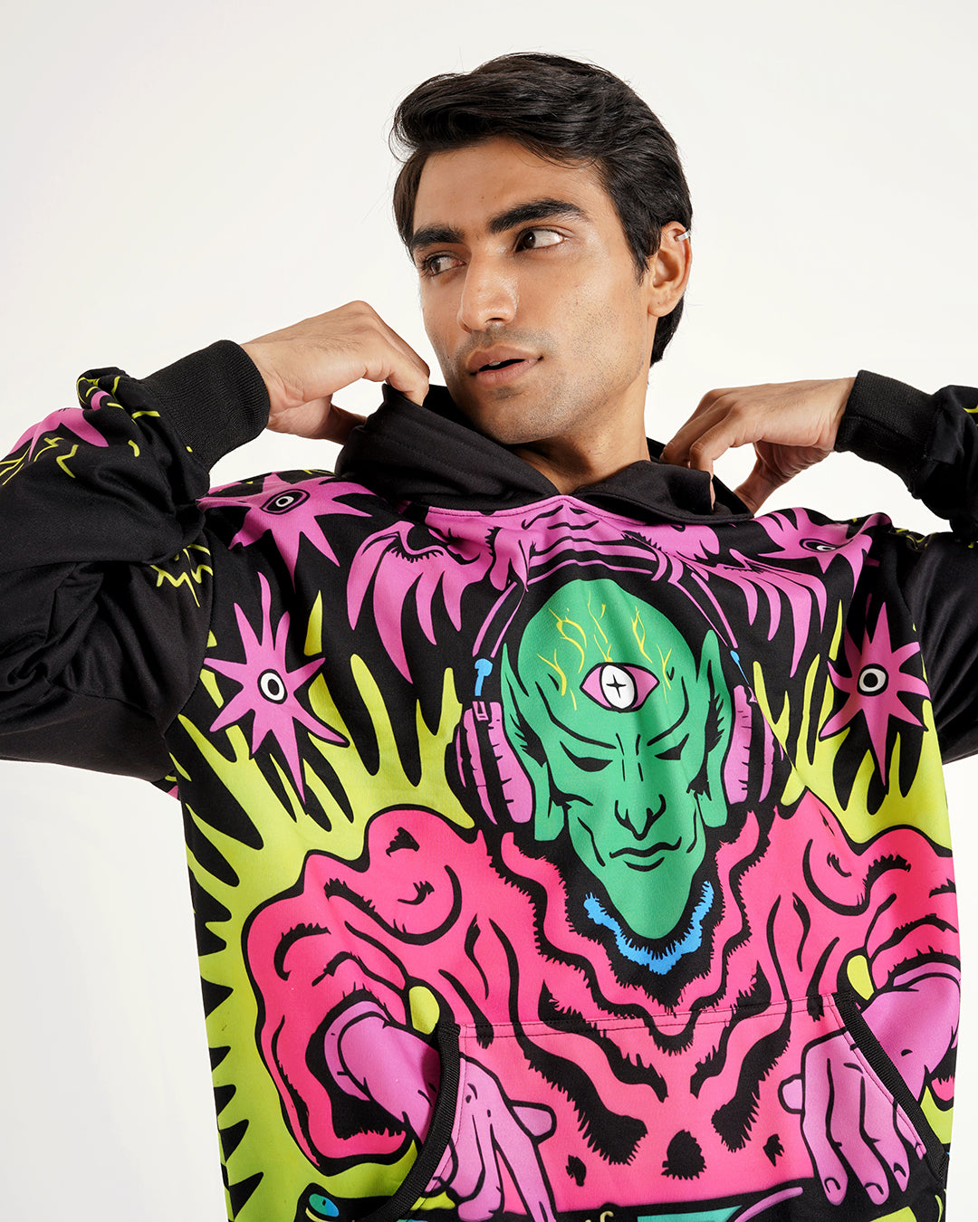Neon Alien DJ Graphic Hoodie – Psychedelic Streetwear Print