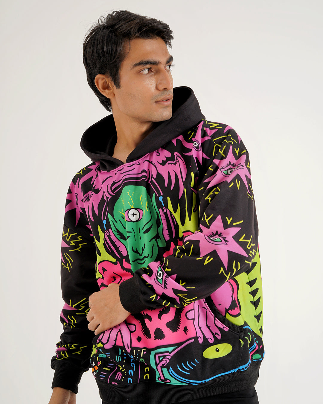 Neon Alien DJ Graphic Hoodie – Psychedelic Streetwear Print