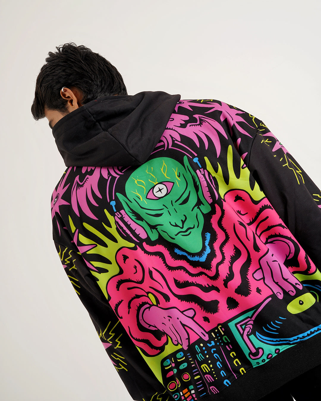 Neon Alien DJ Graphic Hoodie – Psychedelic Streetwear Print