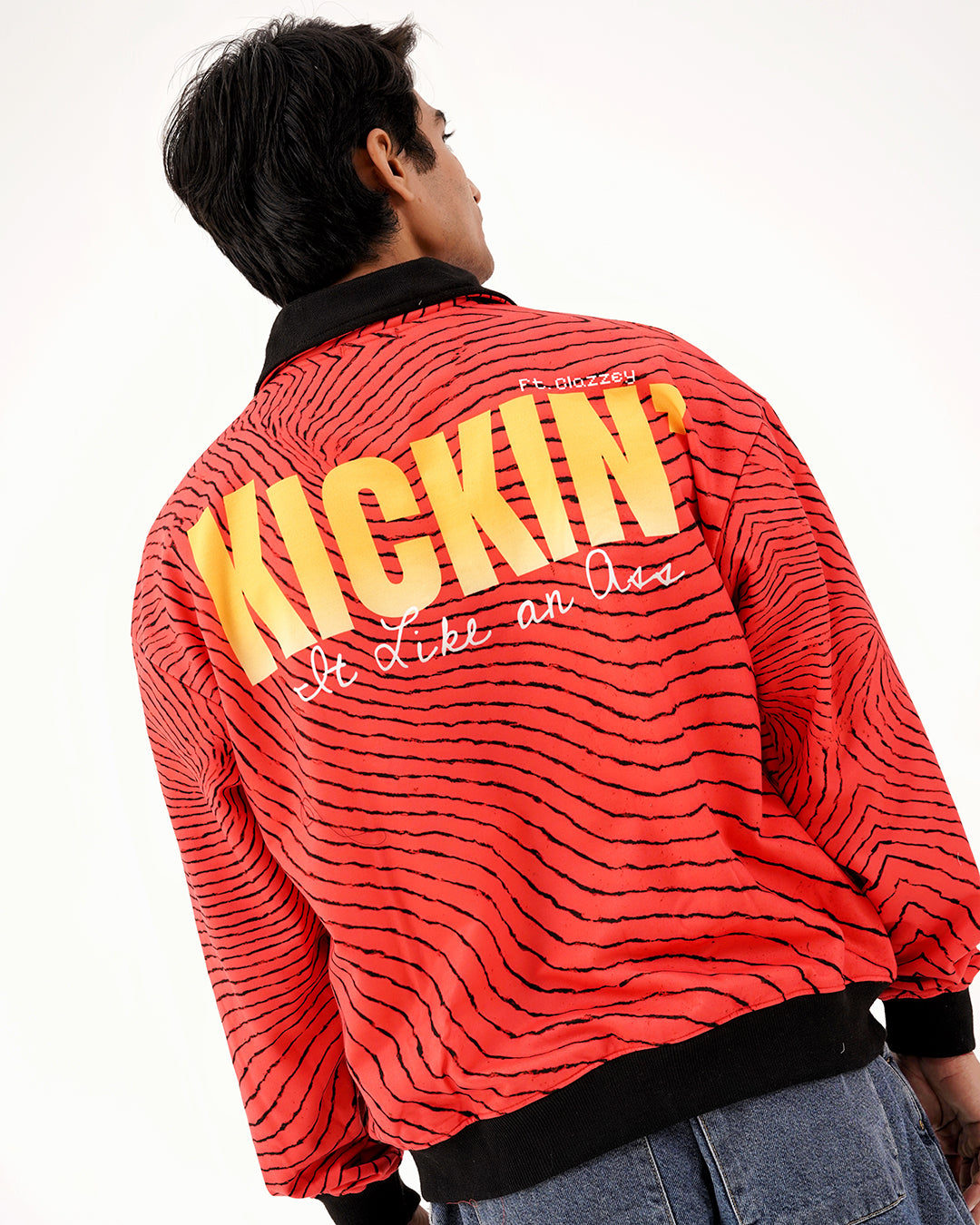 Red Wave Graphic Zip-Up Jacket - Fur Lined