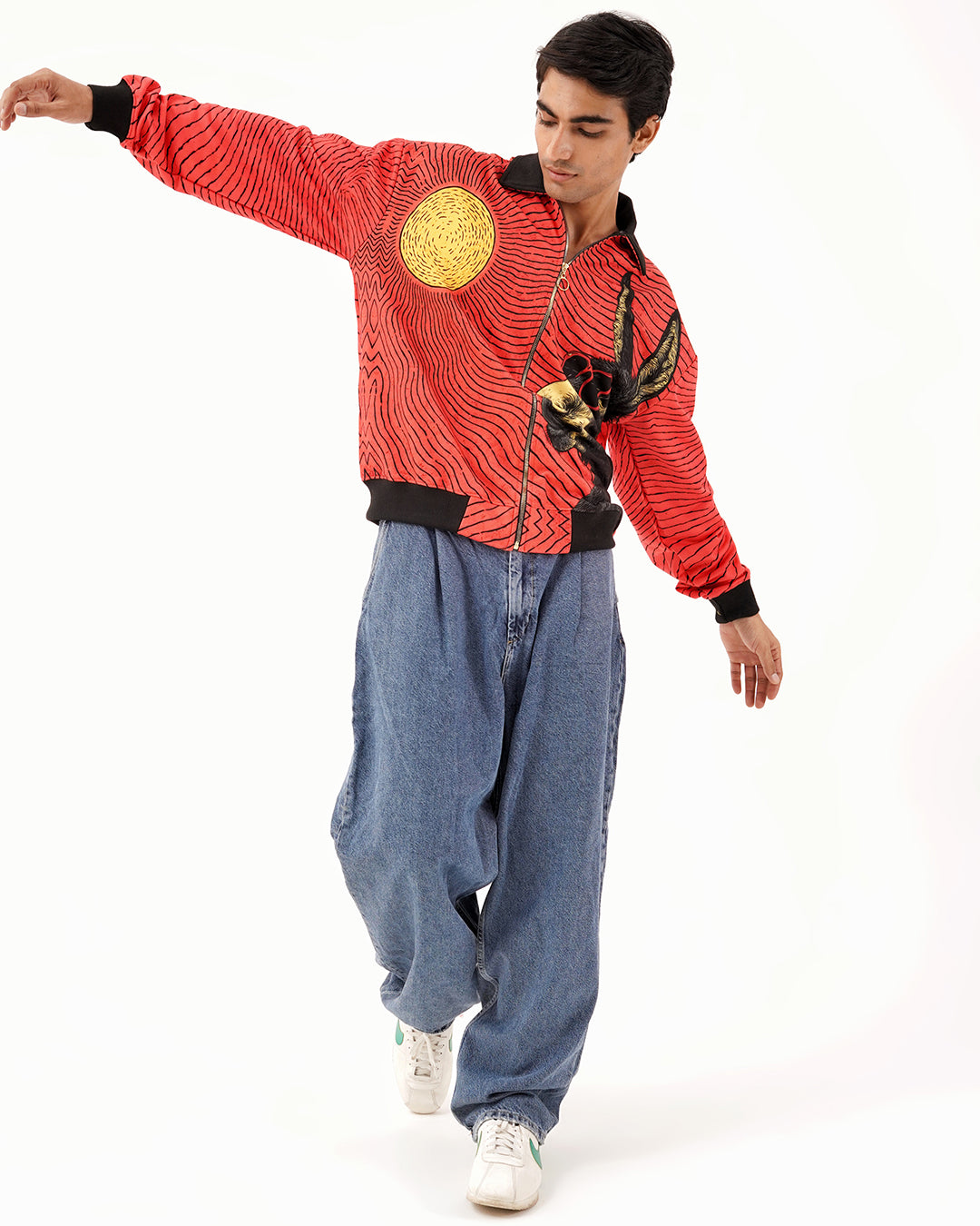 Red Wave Graphic Zip-Up Jacket - Fur Lined