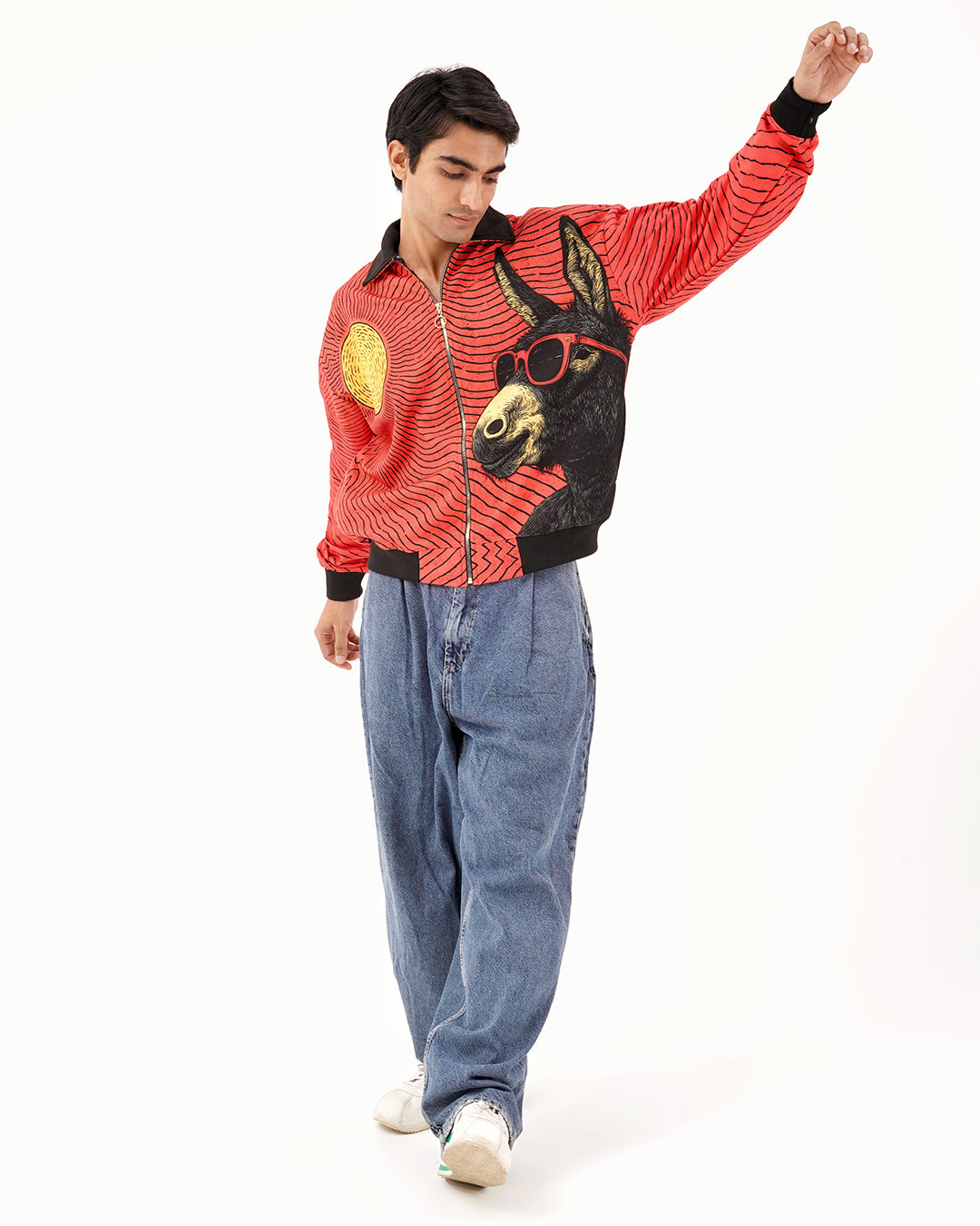 Red Wave Graphic Zip-Up Jacket - Fur Lined