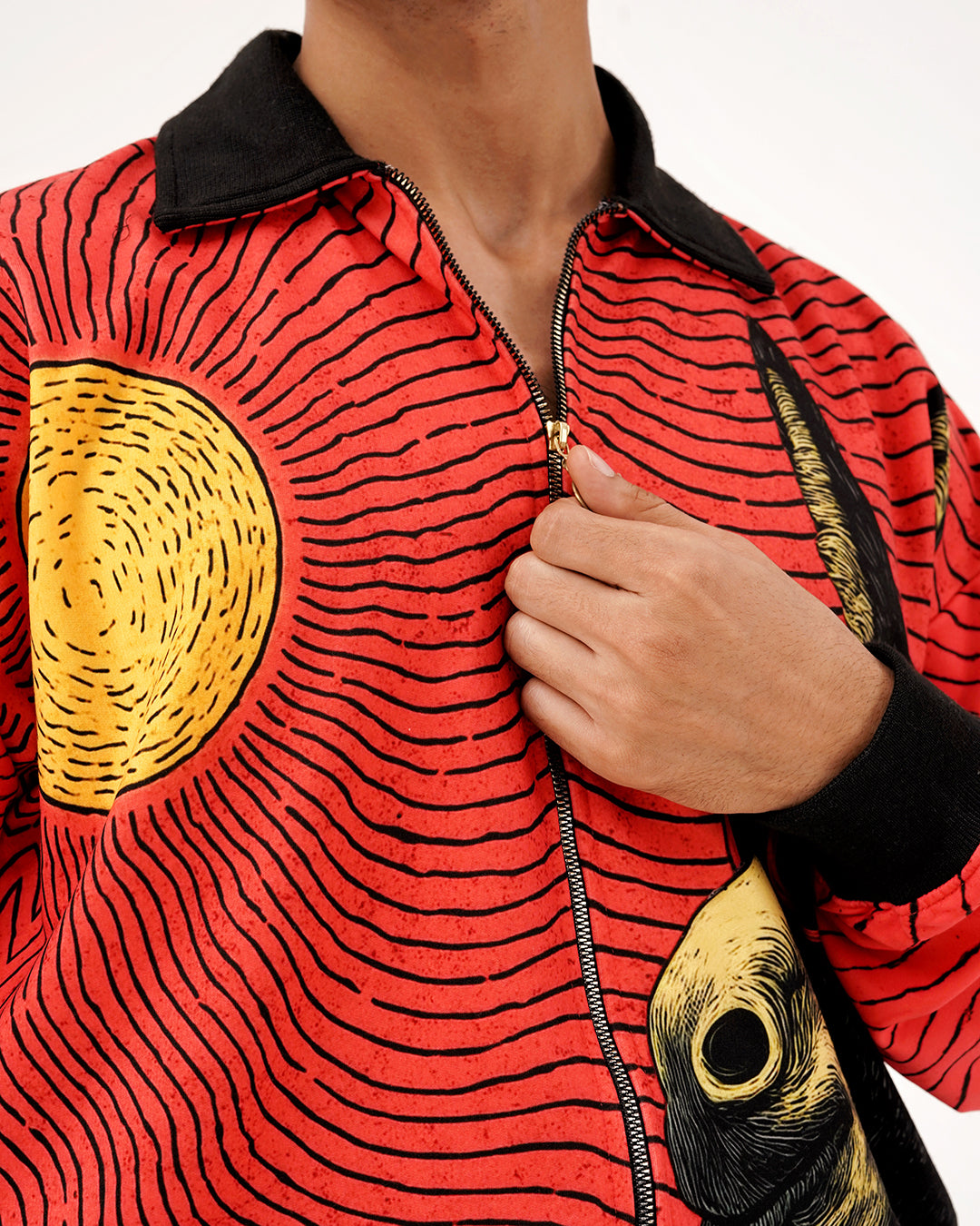 Red Wave Graphic Zip-Up Jacket - Fur Lined