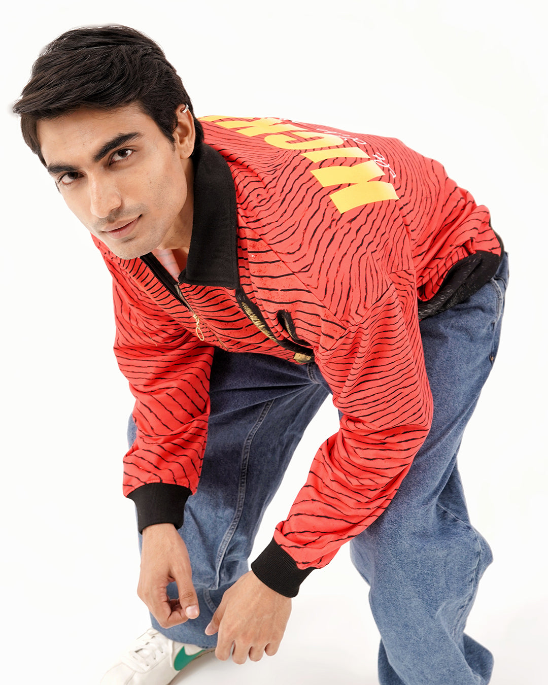 Red Wave Graphic Zip-Up Jacket - Fur Lined