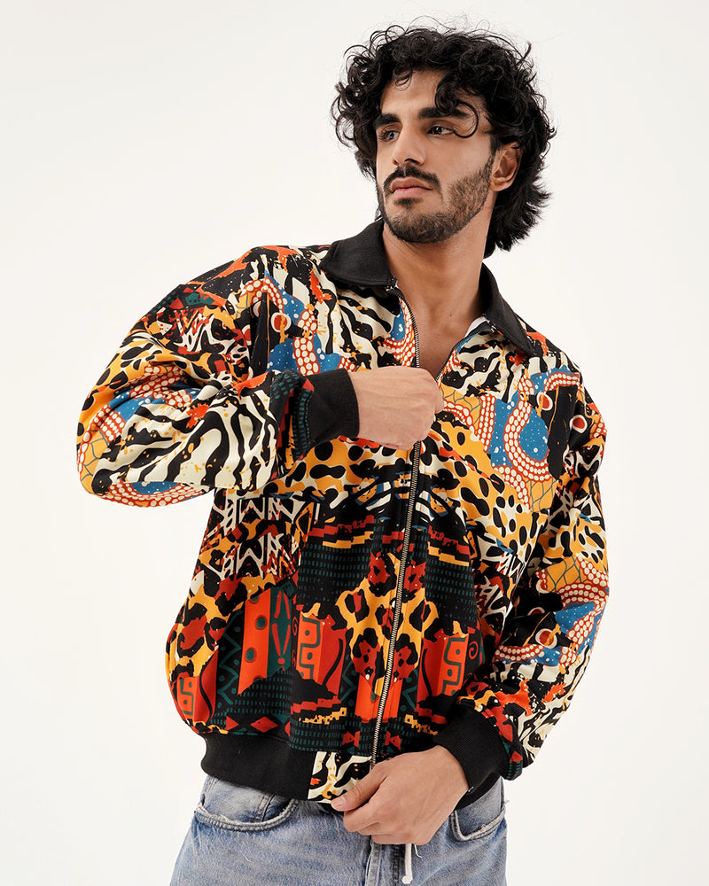 Abstract Savanna Multicolor Fur-Lined Zip-Up Jacket