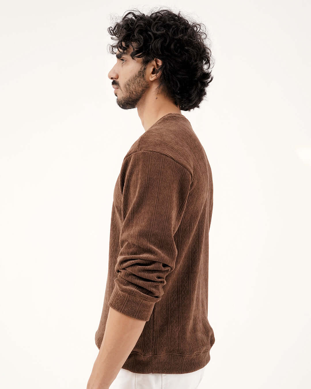 Daily Luxe Jacquard Sweatshirt – Chestnut Brown side view showcasing premium texture and warm color.