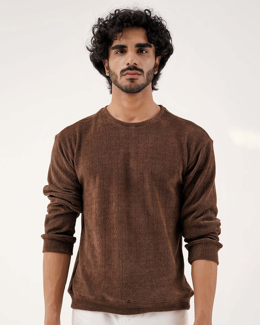 Daily Luxe Jacquard Sweatshirt in Chestnut Brown – premium winter wear for men, textured warm jacquard fabric