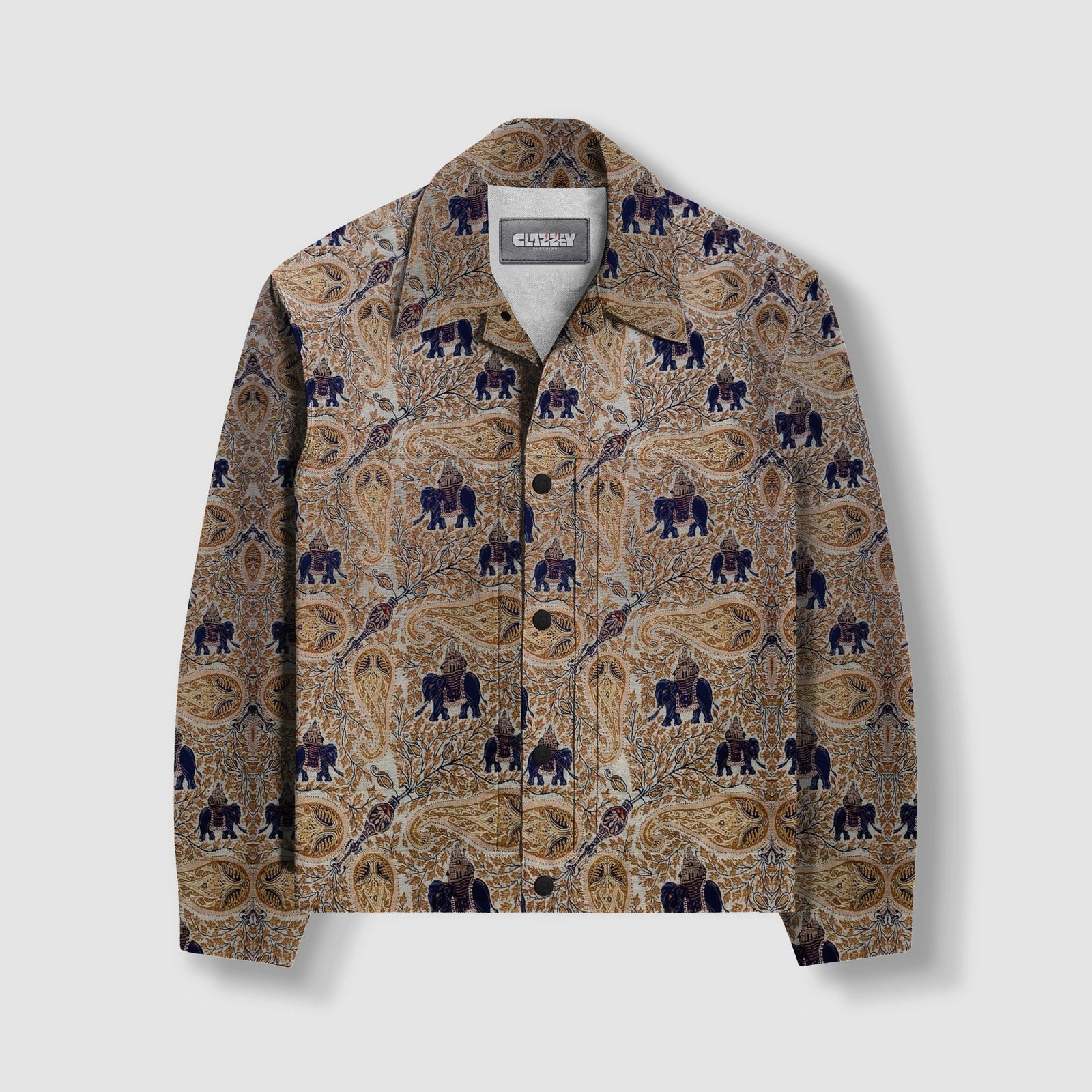 Elephant Memoir Shacket by Clazzey, showcasing a unique elephant-patterned design for urban streetwear layering.