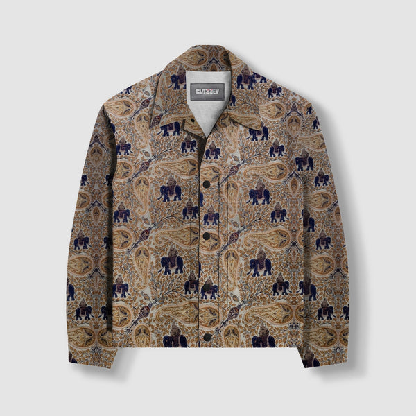 Elephant Memoir Shacket by Clazzey, showcasing a unique elephant-patterned design for urban streetwear layering.