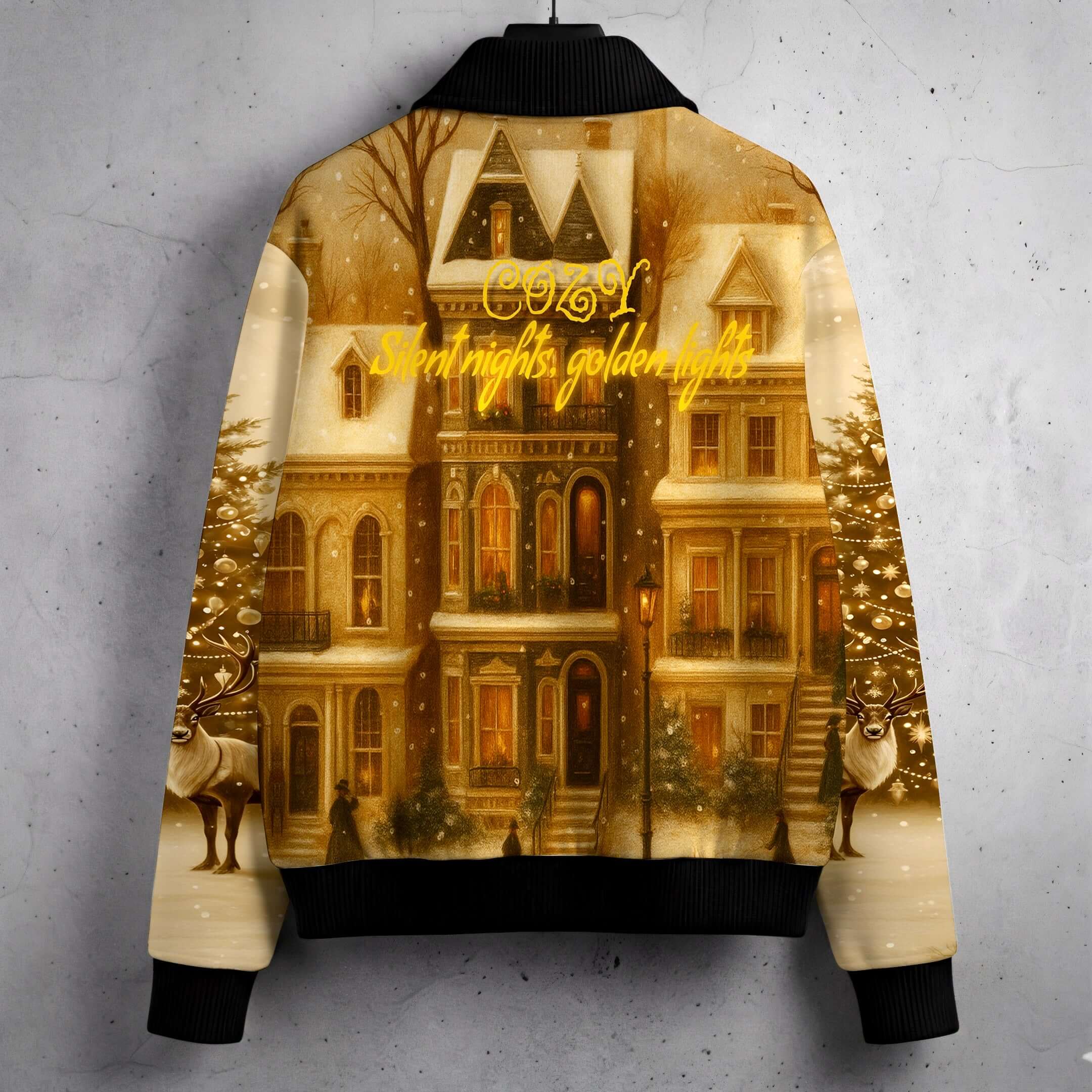 Back view of Golden Hour Fur-Lined Zip-Up Jacket with vintage snowy town and golden lights graphic