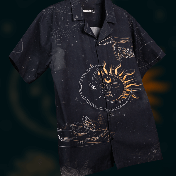 Zodiac Flow Cotton Shirt featuring celestial patterns in premium 100% cotton for comfort and style.
