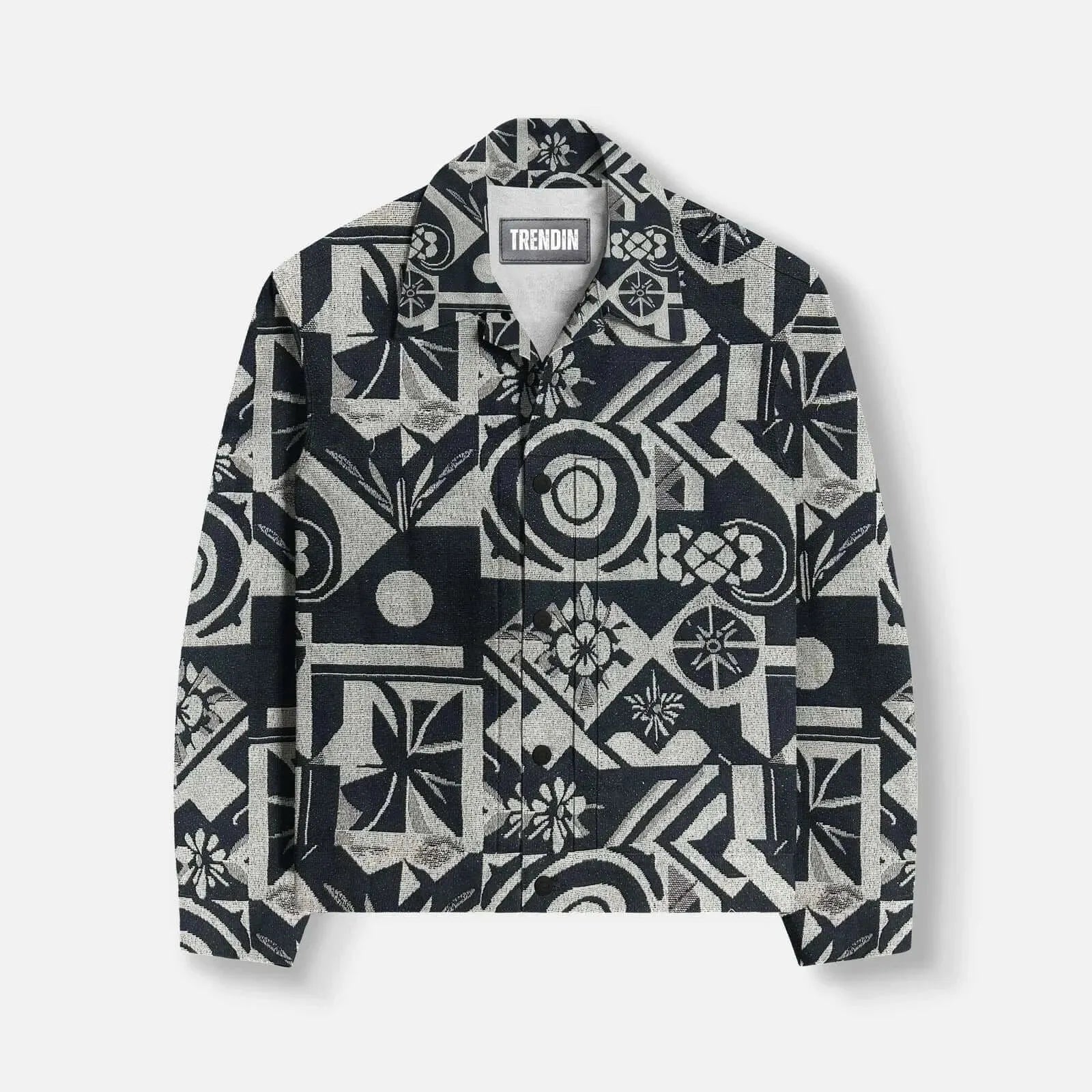 Graphic Illusion Shacket in black and white geometric print, featuring full sleeves and casual style.
