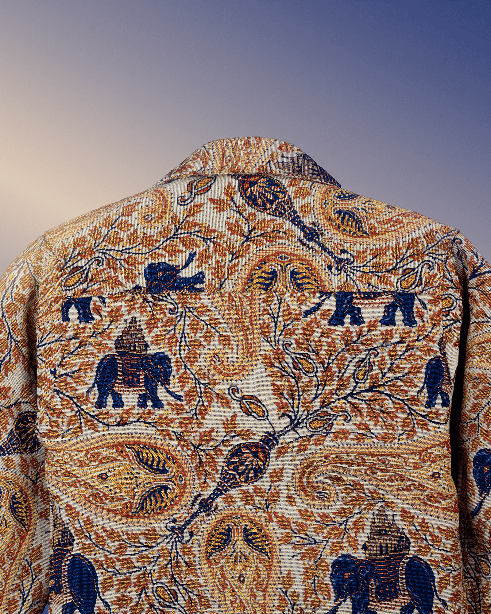 Back view of Elephant Memoir Shacket with intricate elephant and paisley print design.