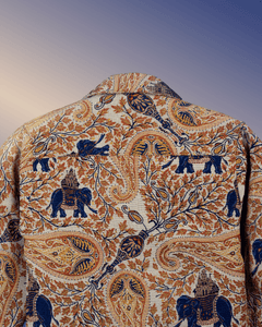 Back view of Elephant Memoir Shacket with intricate elephant and paisley print design.