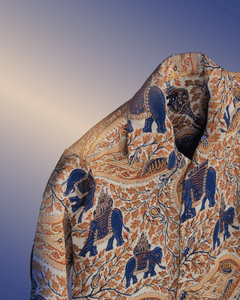 Elephant Memoir Shacket featuring premium cotton fabric with an intricate elephant print design.