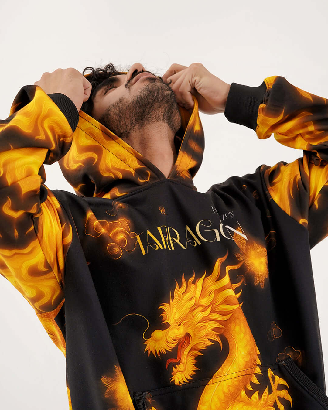 "Hood design of Inferno Dragon Graphic Hoodie with HD printed flames"
