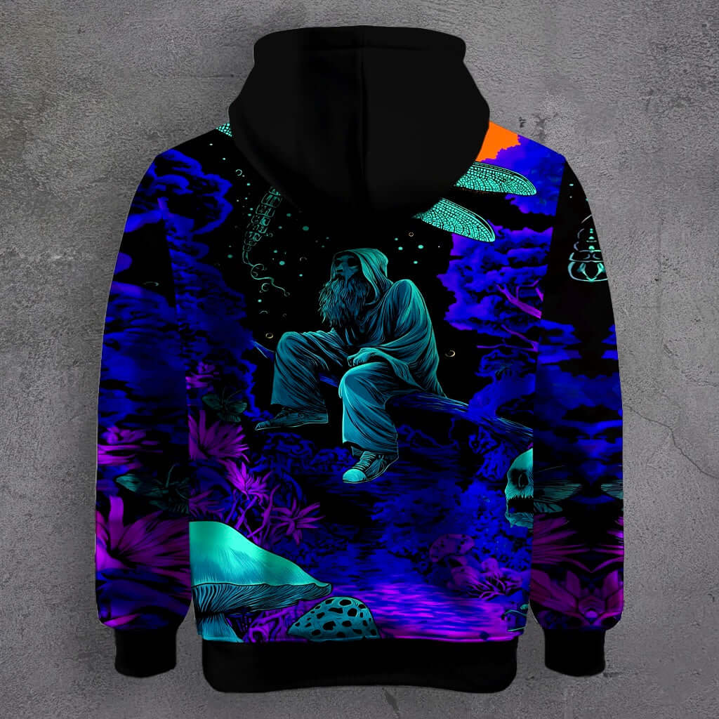 "Mystic Monk Graphic Hoodie with Spiritual Cosmic Artwork"