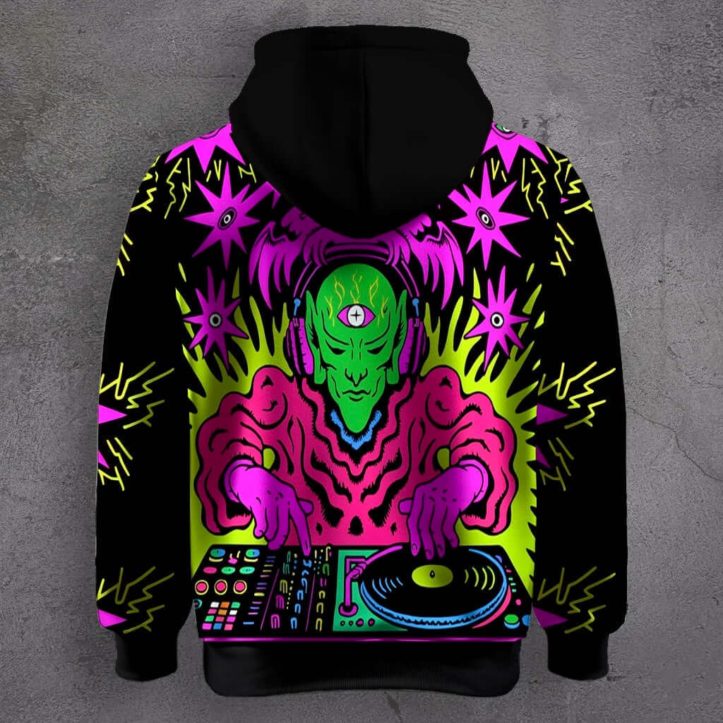 Neon Alien DJ Graphic Hoodie for Winter Streetwear – Psychedelic Rave Hoodie for December & New Year Fashion