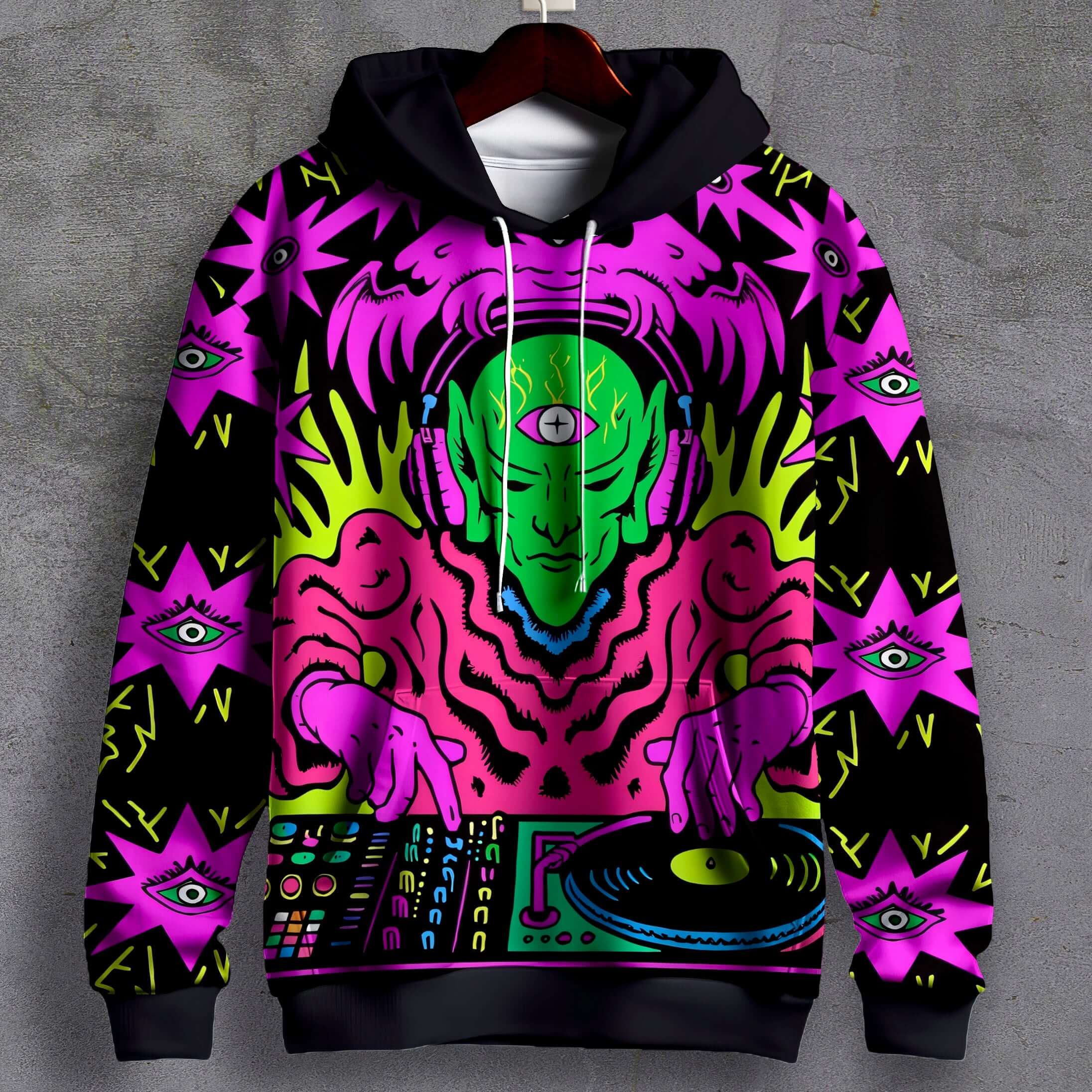 Neon Alien DJ Graphic Hoodie for Winter Streetwear – Psychedelic Rave Hoodie for December & New Year Fashion