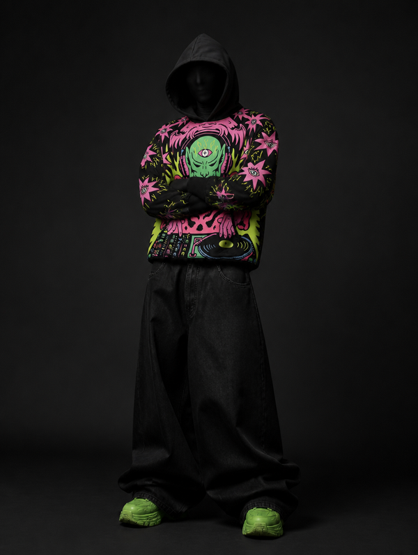 Neon Alien DJ Graphic Hoodie – Psychedelic Streetwear Print