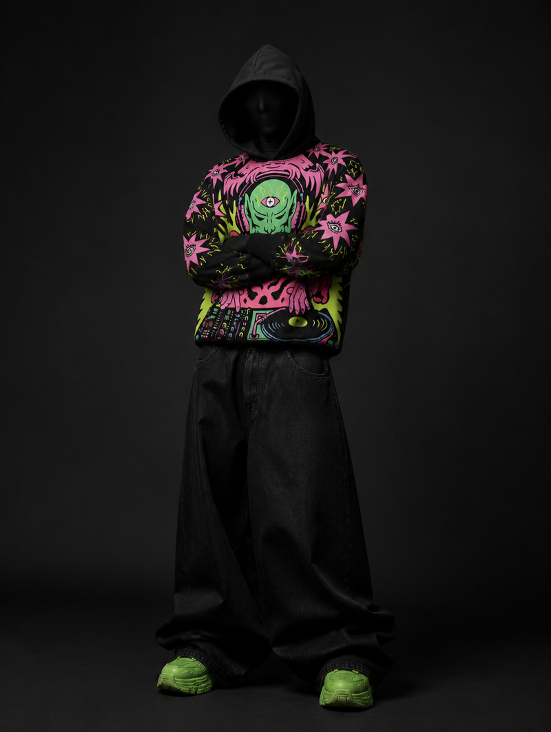 Neon Alien DJ Graphic Hoodie – Psychedelic Streetwear Print