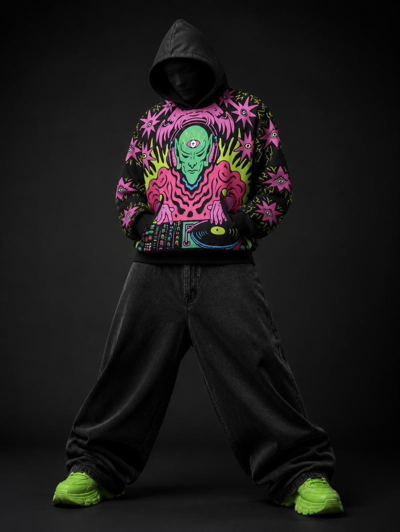 Neon Alien DJ Graphic Hoodie – Winter Rave winterwear – CLAZZEY