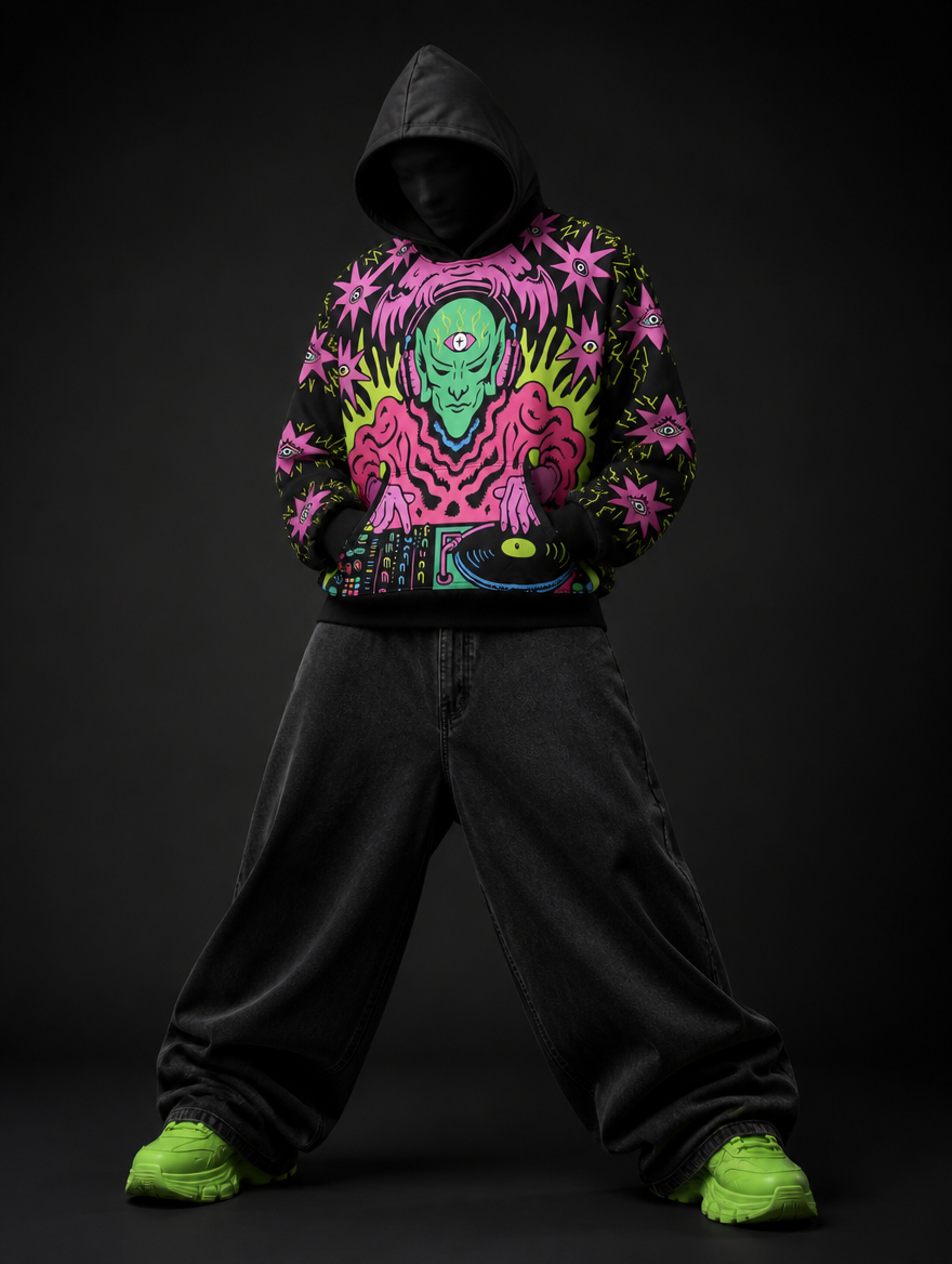 Front view of model in black hoodie with neon alien DJ turntable print, hands in pocket, baggy jeans