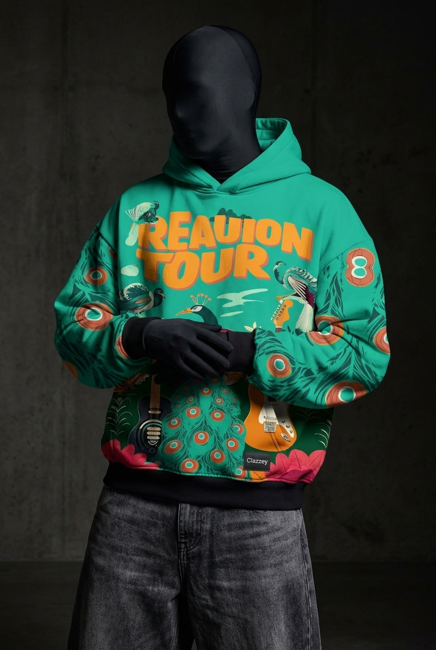 Close-up of teal hoodie's lower print and black ribbed hem with Clazzey label, hands clasped
