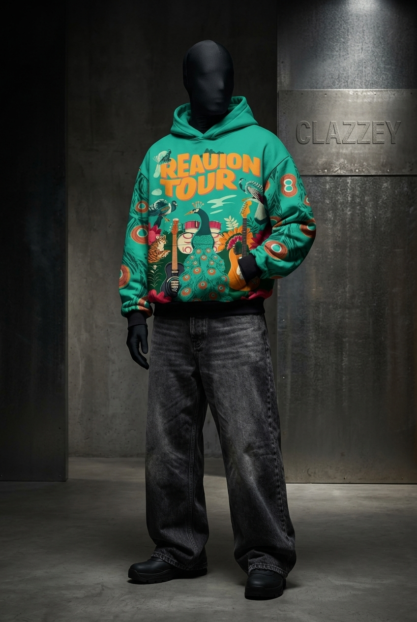 Full-length mannequin wearing teal printed hoodie, wide gray jeans and black boots, Clazzey sign behind