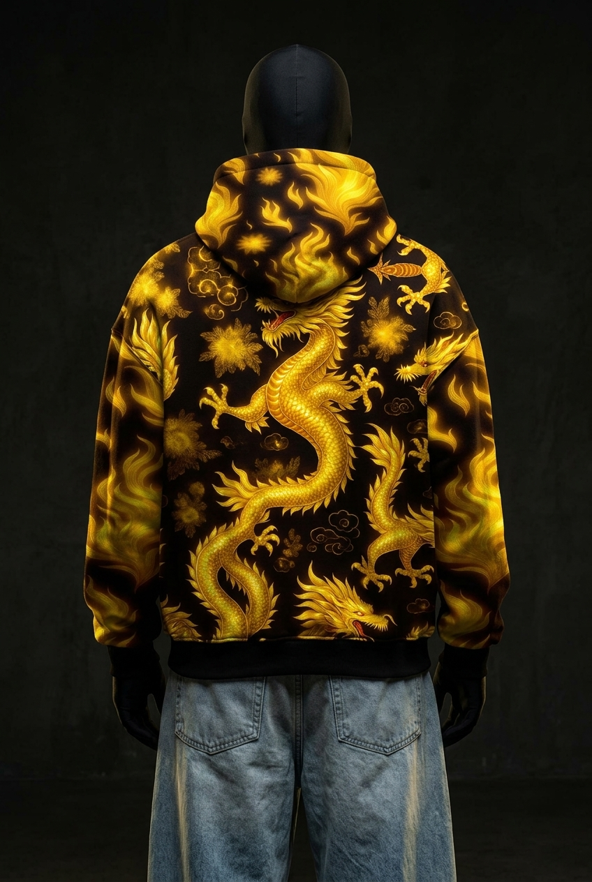 Back view of hoodie with all-over golden dragons, clouds and flames on black, worn with jeans