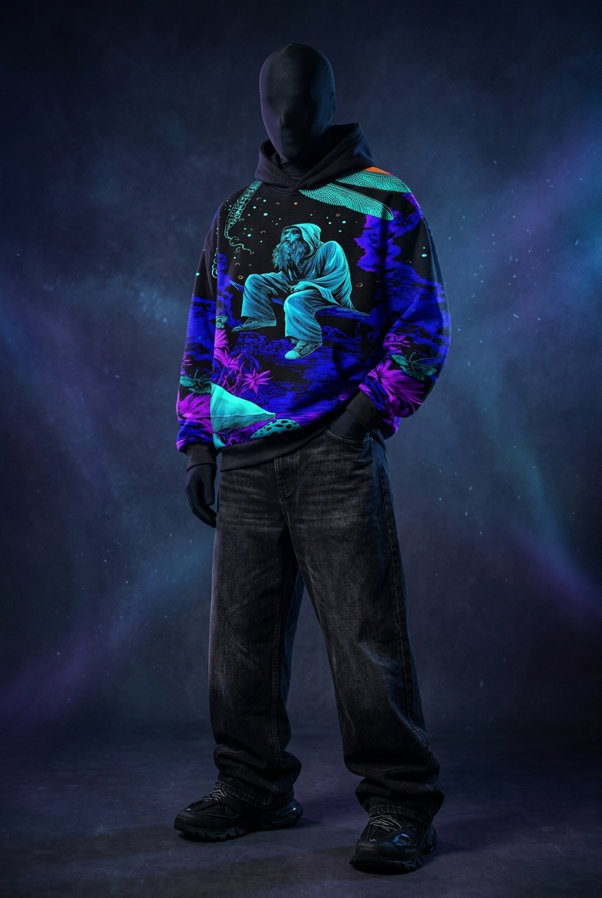 Full-length front view of the monk print hoodie, worn with baggy black jeans and black sneakers