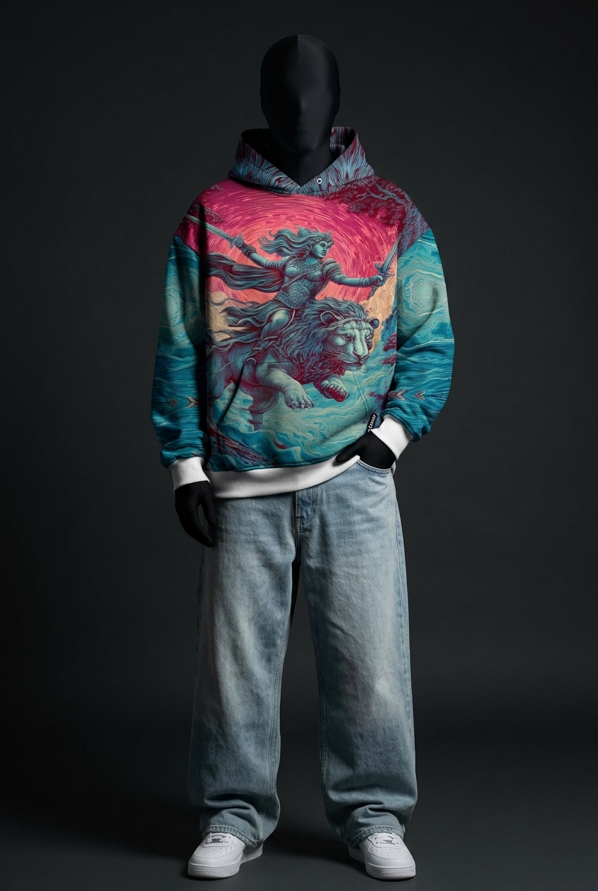 Full-body front view of oversized printed hoodie with hand in pocket, light jeans, white sneakers