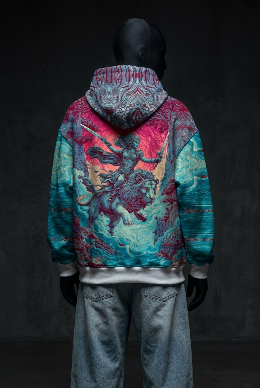 Back view of hoodie showing warrior riding a lion, patterned hood and white ribbed cuffs