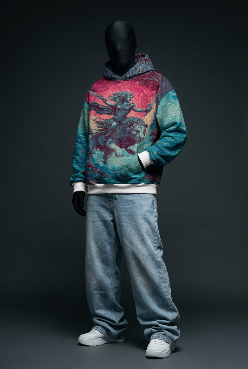 Full-length front view of warrior-lion print hoodie with one hand in pocket, baggy jeans