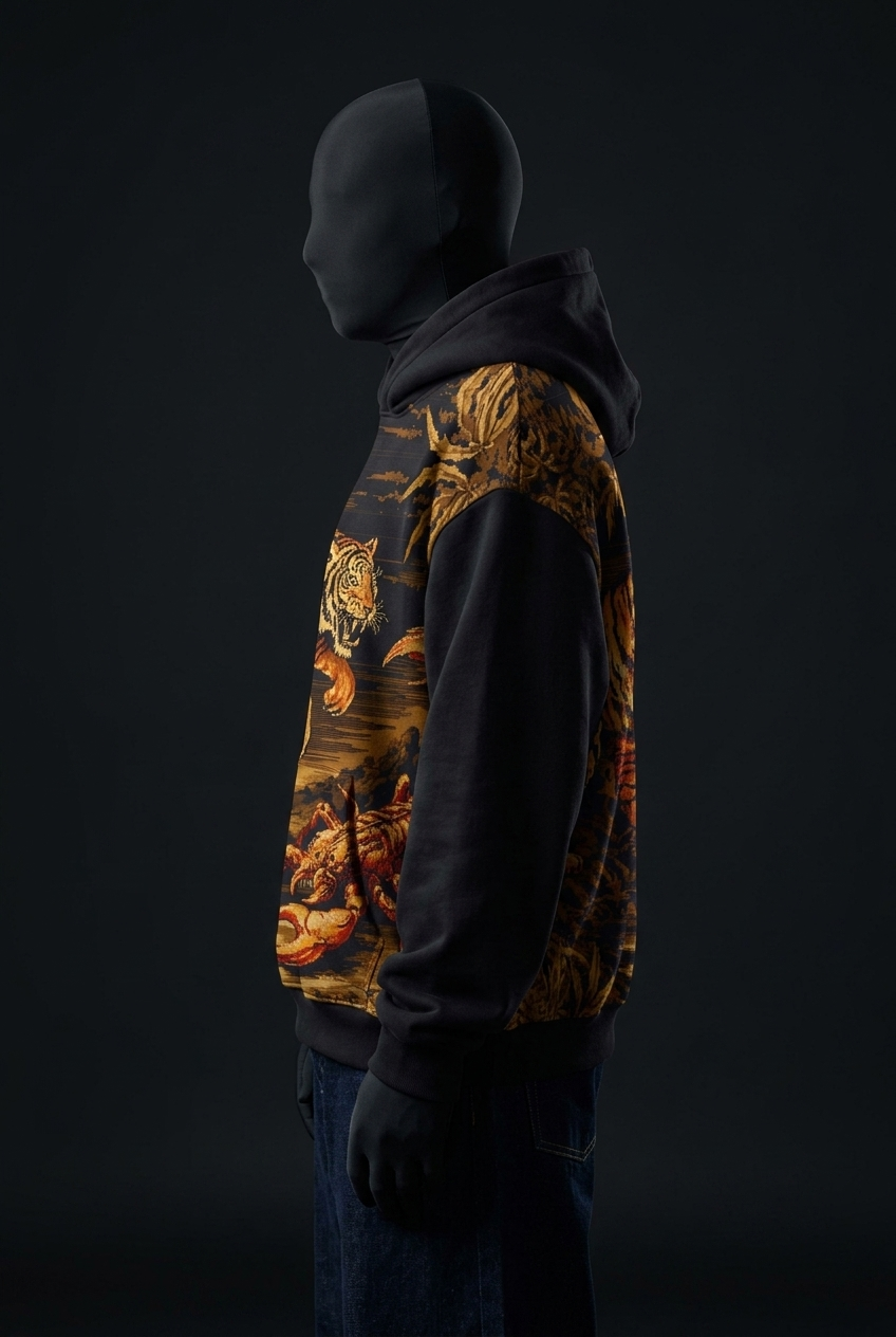 Side view of black hoodie showing tiger and scorpion print wrapping around the body, plain black sleeve
