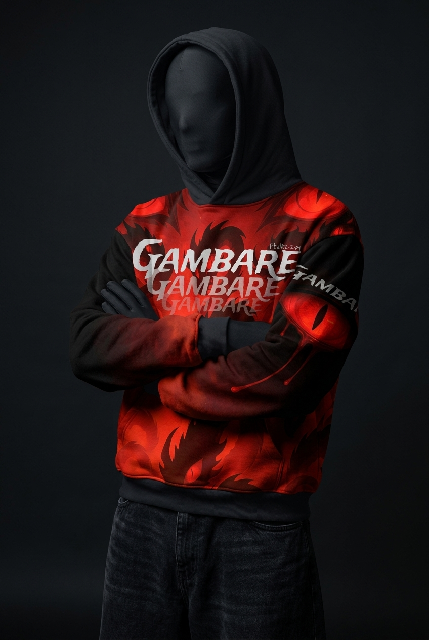 Model in red Gambare hoodie with hood up and arms crossed, eye print on sleeve