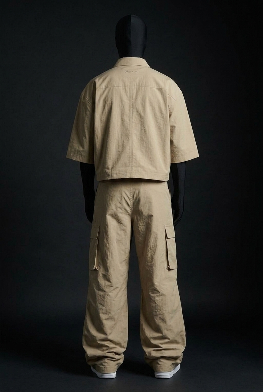 Back view of tan cropped shirt and cargo pants with side pockets on a mannequin