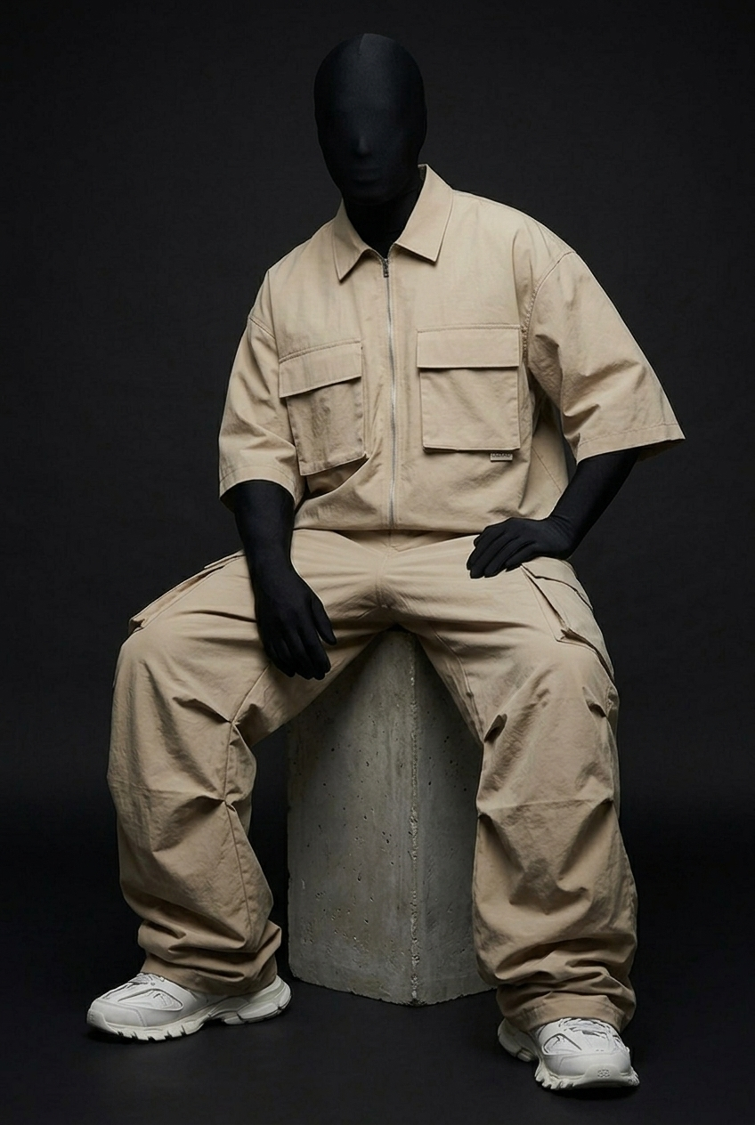 Mannequin in tan utility shirt and baggy cargo pants seated on a concrete block