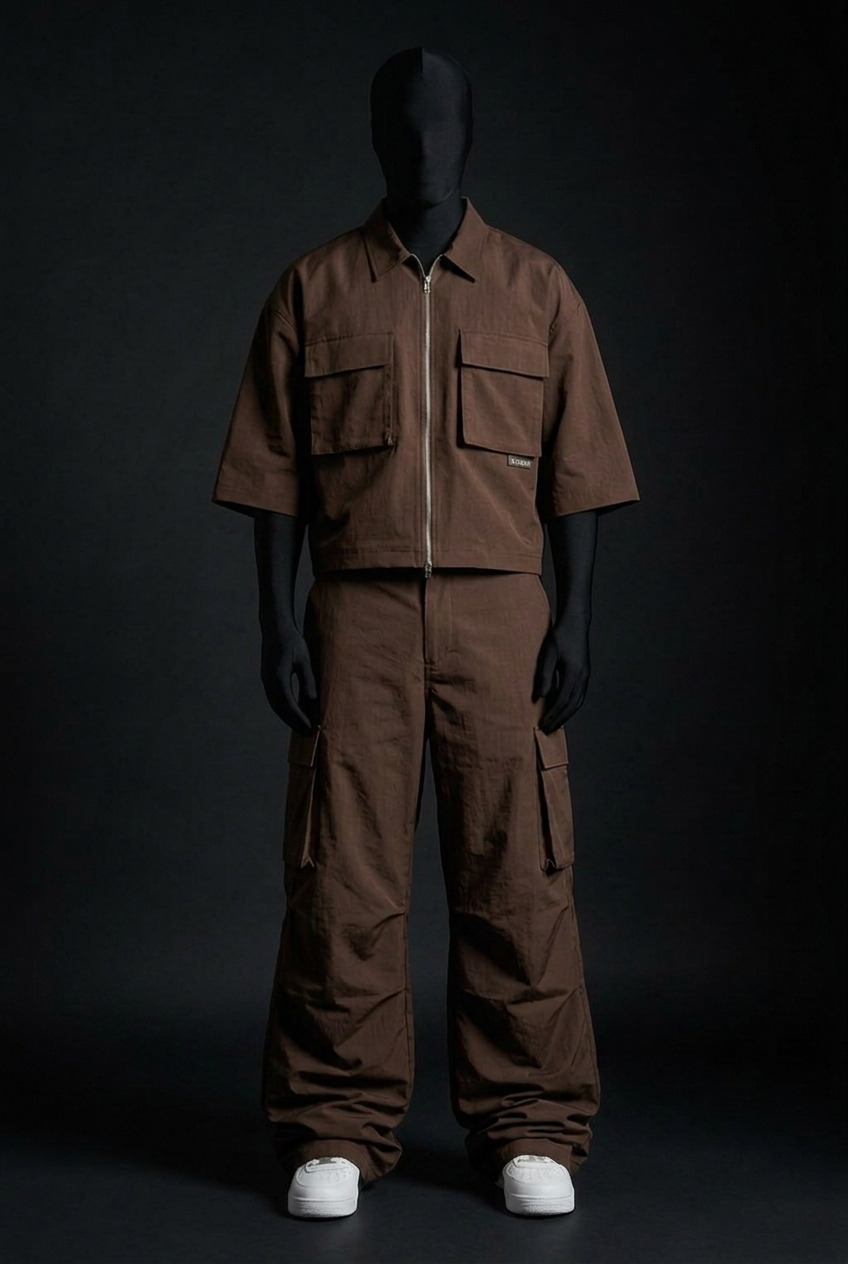 Front view of model in brown zip-up shirt with chest flap pockets and matching wide cargo pants