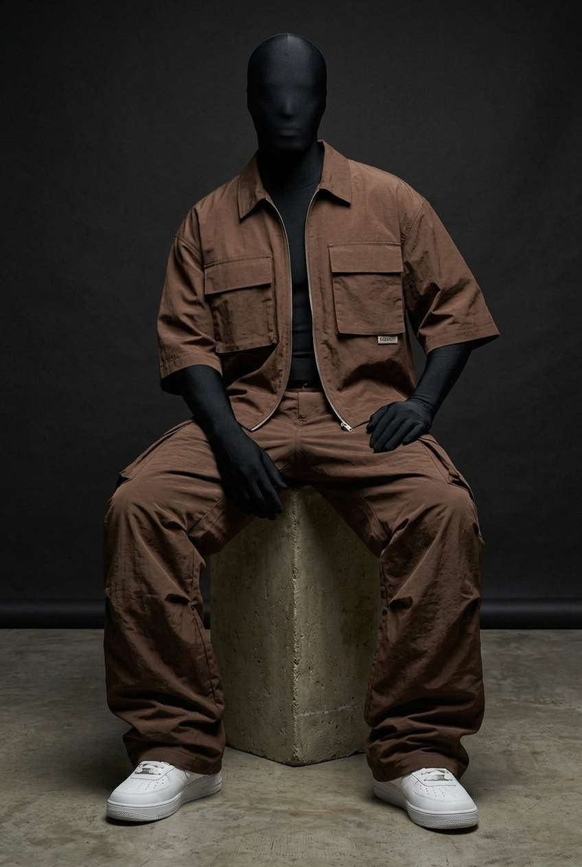 Model seated on concrete block wearing open brown zip shirt, cargo pants and white sneakers