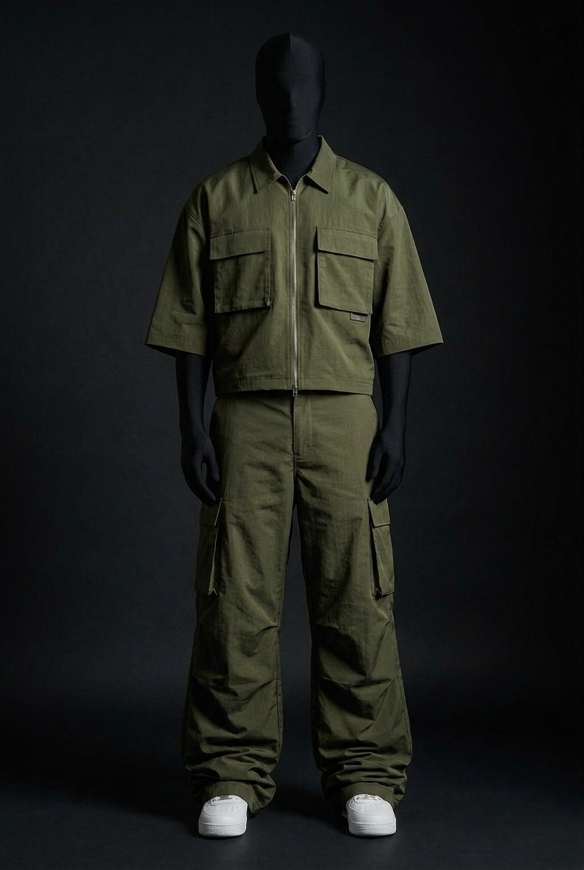 Front view of olive zip-up shirt with chest flap pockets and matching wide-leg cargo pants