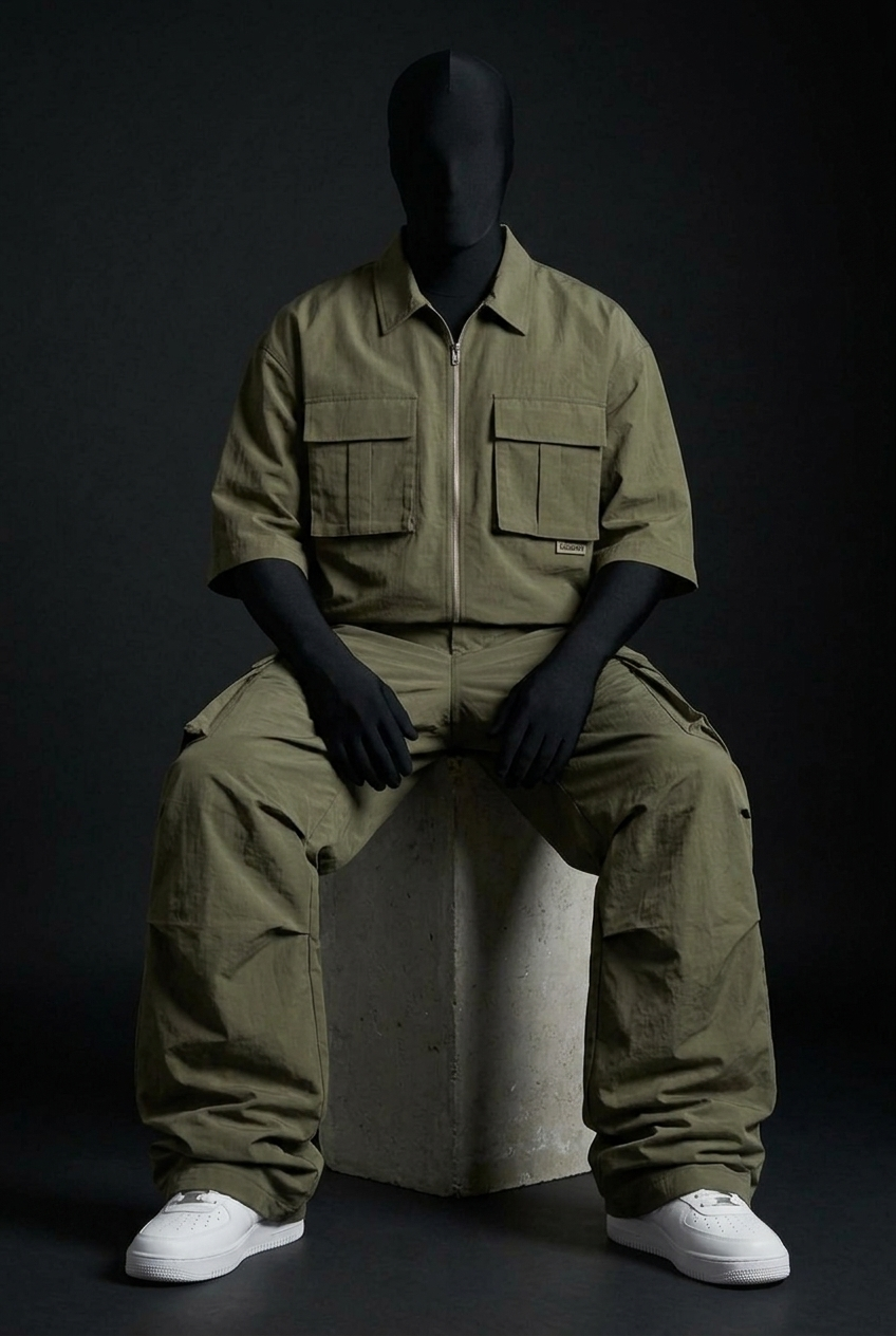 Model seated on concrete block wearing olive zip shirt, cargo pants and white sneakers
