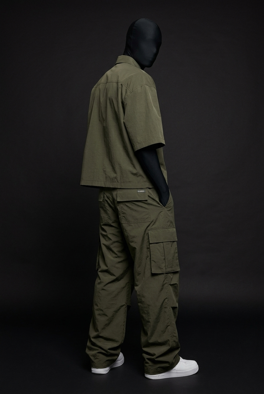 Back and side view of olive short-sleeve shirt and cargo pants, hand in pocket, white sneakers