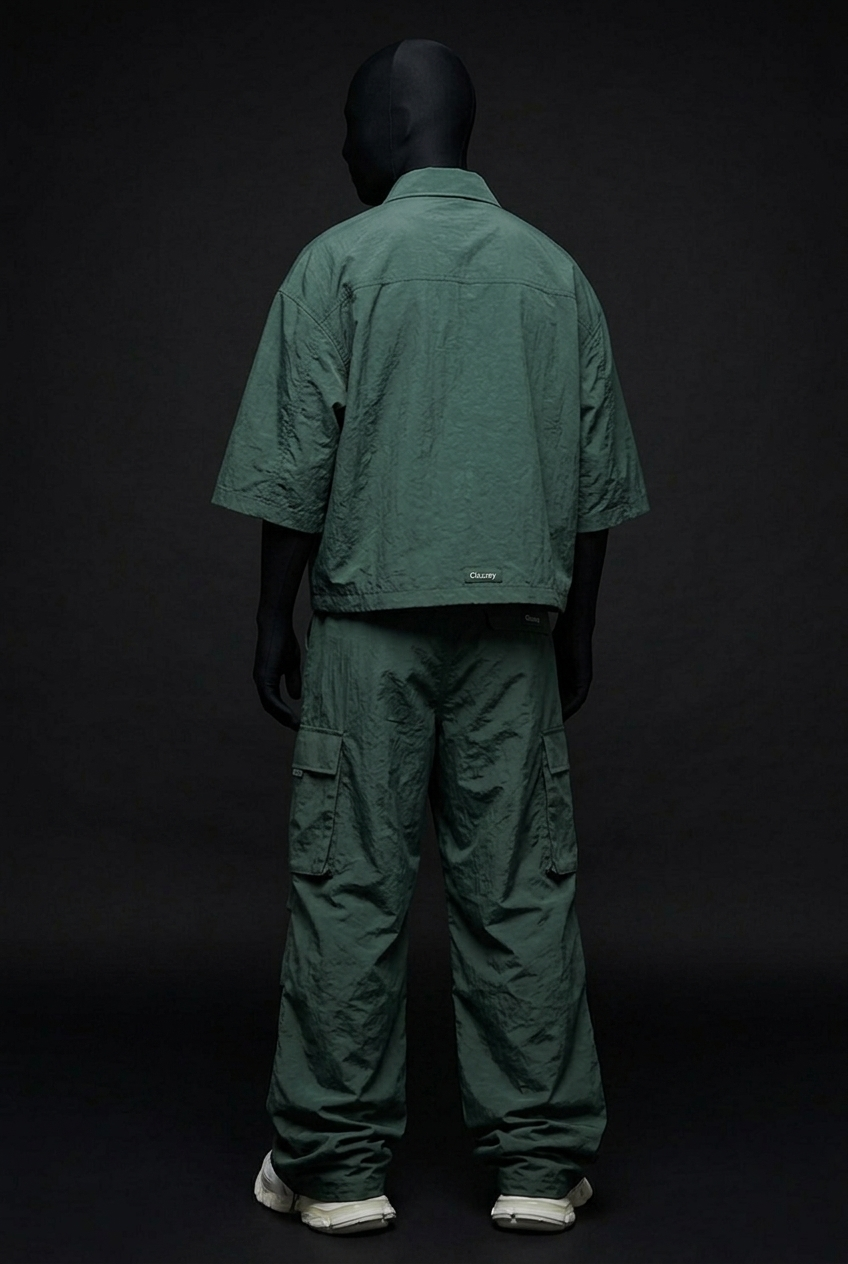 Back view of crinkled teal nylon zip shirt with small label and matching cargo pants
