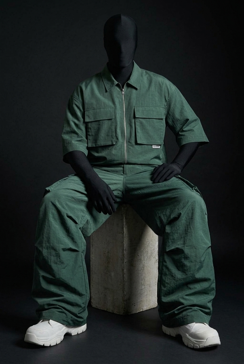 Model seated on concrete block in teal zip shirt and baggy cargo pants, white chunky shoes