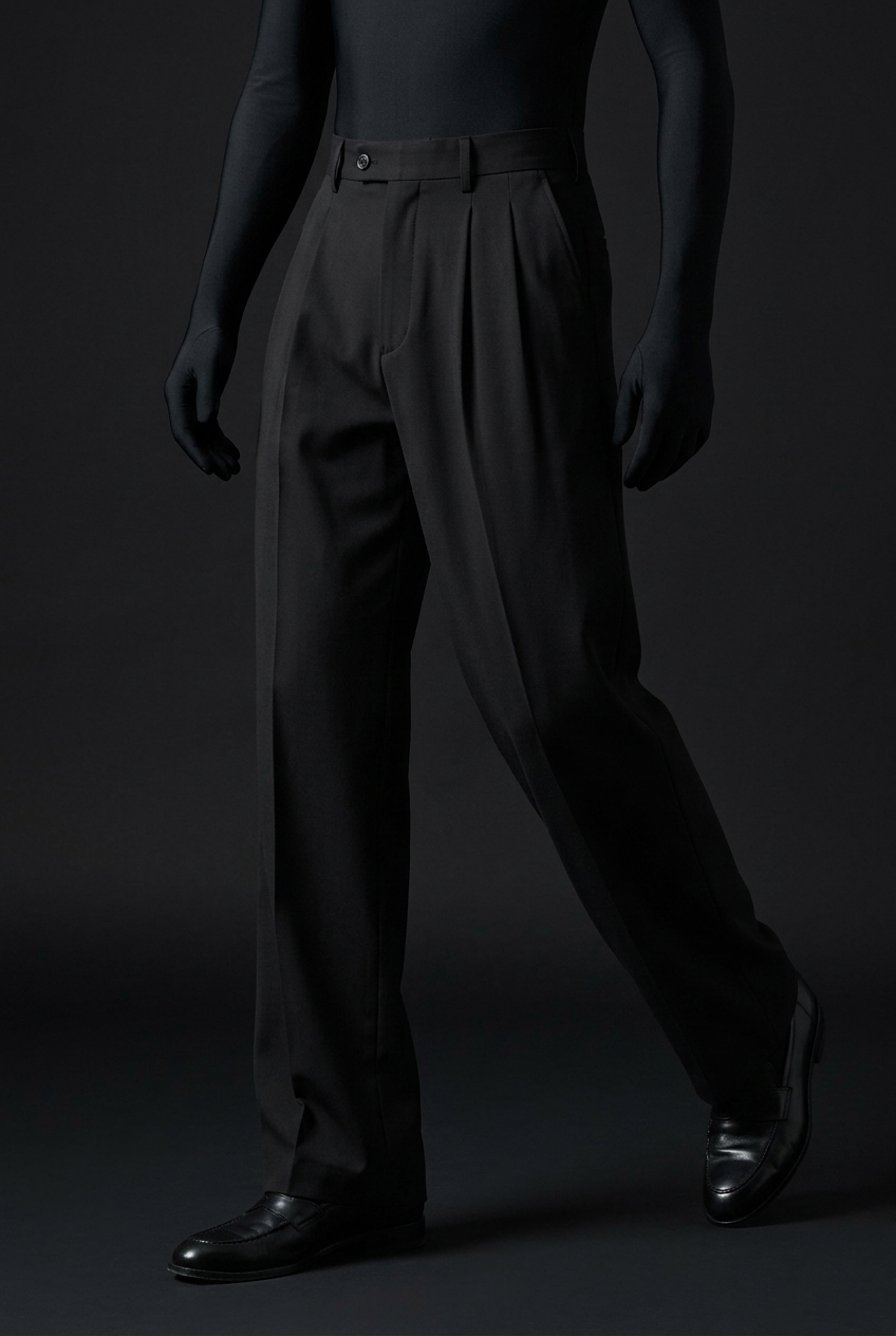 Three-quarter front view of black pleated trousers on a mannequin mid-stride, worn with black leather loafers