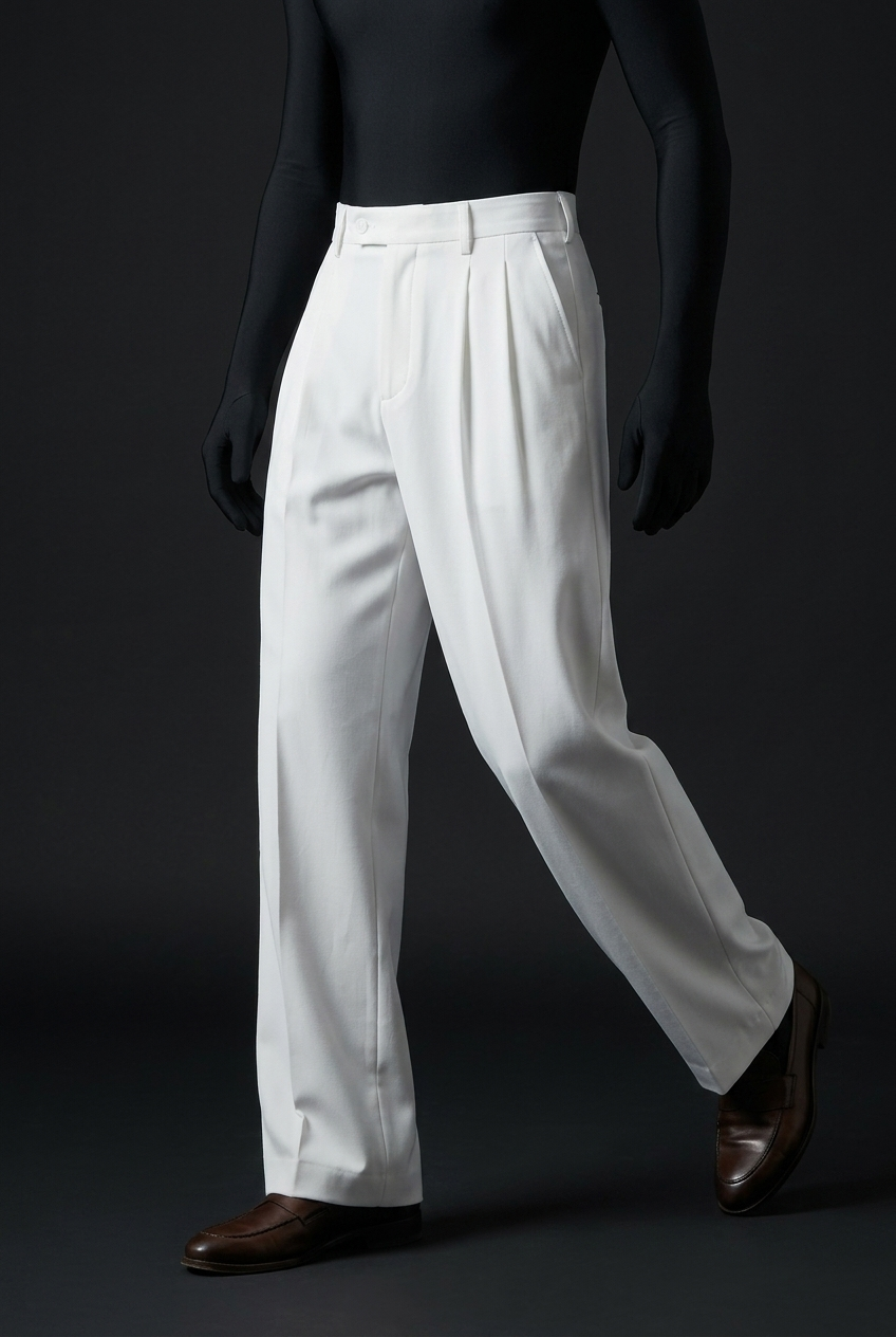 Three-quarter side view of ivory white pleated trousers on a mannequin mid-stride, with brown loafers