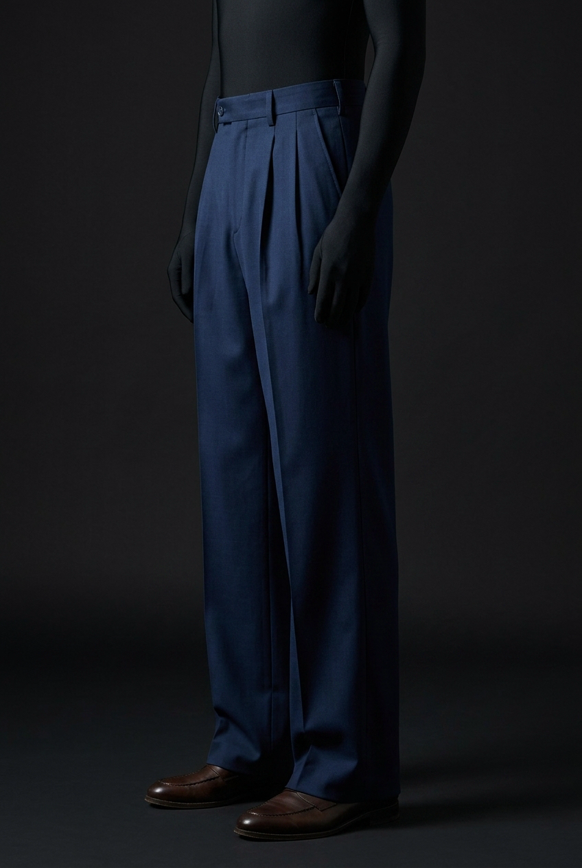Side angle of navy blue pleated trousers with straight legs, worn with brown leather loafers