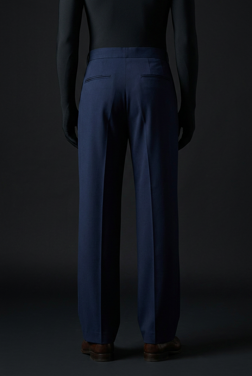 Back view of navy blue trousers showing two welt back pockets and a center crease