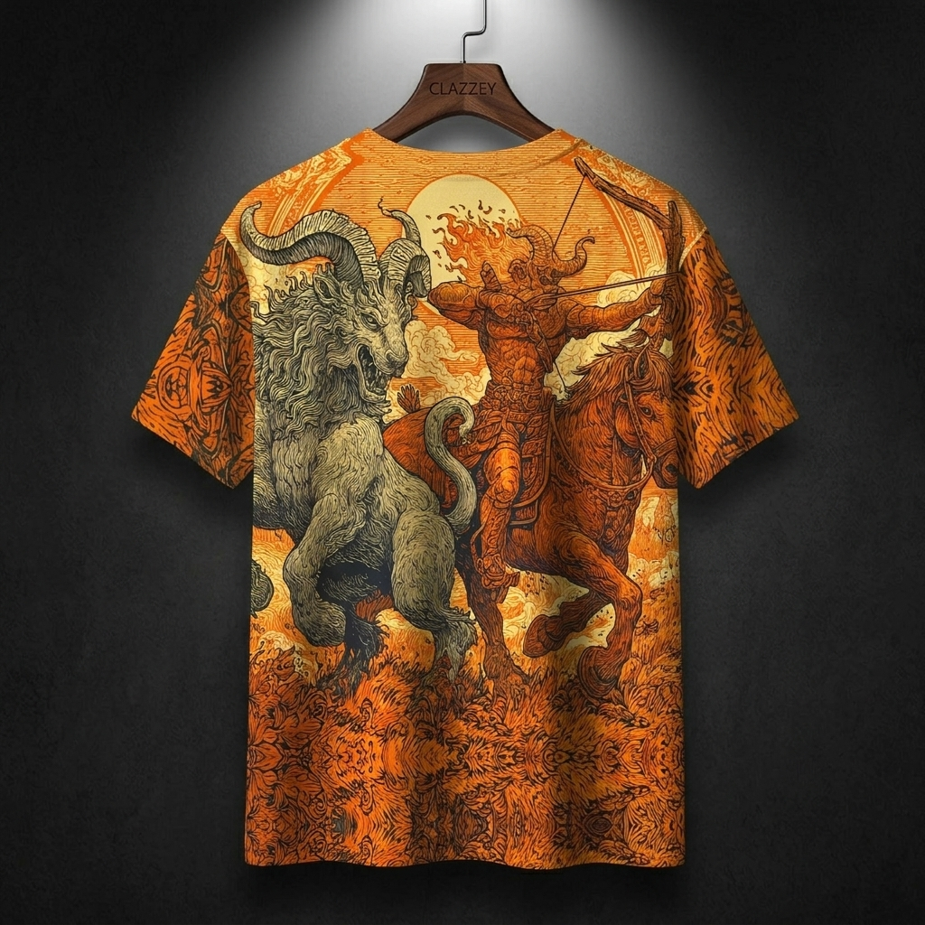 Back of orange short-sleeve tee on hanger, with the same archer and horned beast print and patterned sleeves